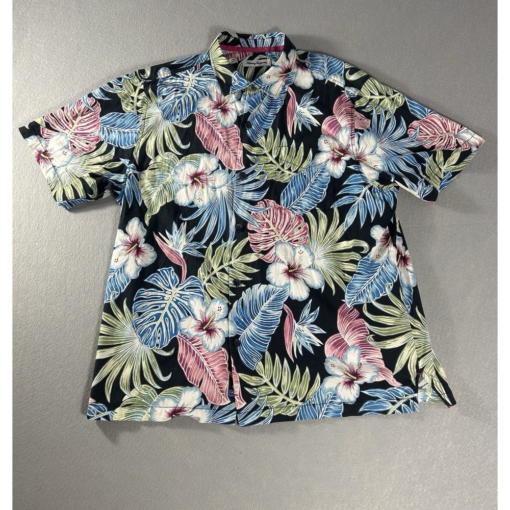 Tommy Bahama Shirt Men's XL Konkan Jungle Hawaiian Black Floral Tropical Cotton